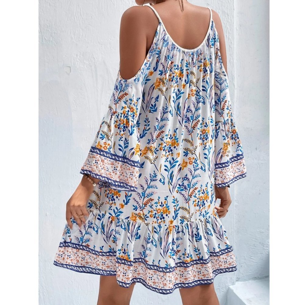 Floral Print Cold Shoulder Tassel Trim Ruffle Hem Dress - Picture 6 of 6